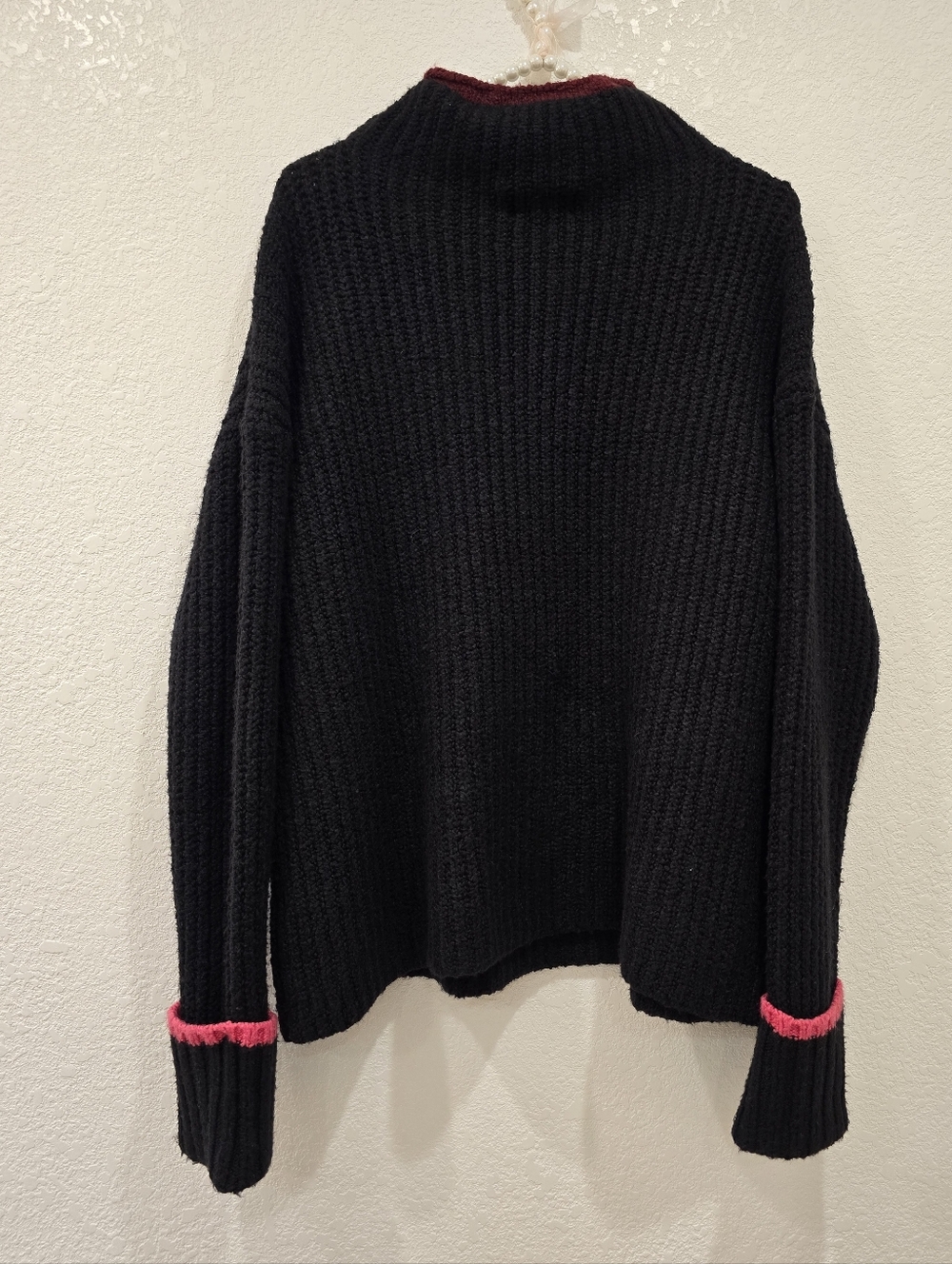 Anthropologie Maeve Black Mock Neck Ribbed Sweater Pink Trim M - Picture 4 of 9